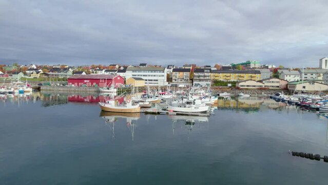 Aerial shot of the harbor in Vads&oslash;, Norway