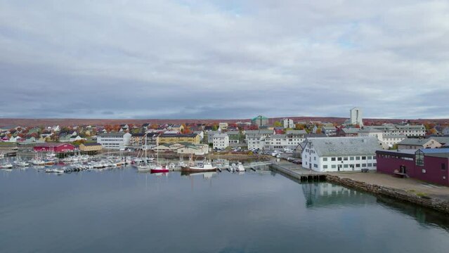 Aerial shot of the harbor in Vads&oslash;, Norway