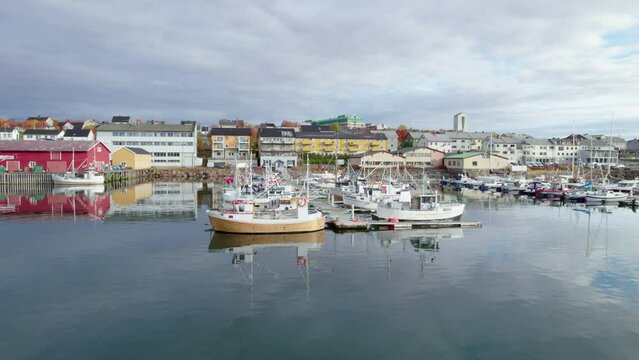 Aerial shot of the harbor in Vads&oslash;, Norway