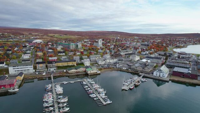 Aerial shot of the harbor in Vads&oslash;, Norway