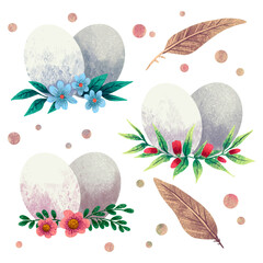 a set of illustrations for Easter eggs with flowers and feathers