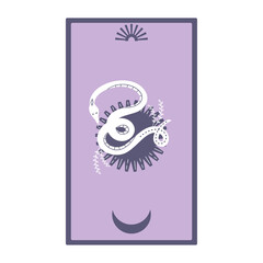 Tarot cards with sun and snakes isolated on a white background. Celestial magic for occult and divination. Purple minimalism cards. Serpent with moon. Flat vector illustration.
