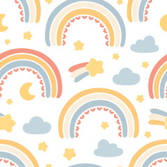 Hand drawn rainbows, cloud and star cartoon baby texture for fabric textile wallpaper apparel wrapping, Rainbow seamless vector pattern  background