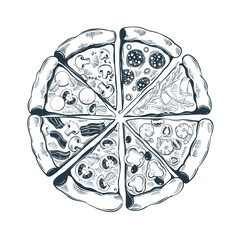 Hand drawn pizza slices with different toppings. Top view. Vector illustration - obrazy, fototapety, plakaty