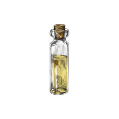 Vintage essential oil bottle with cork engraving vector illustration isolated.