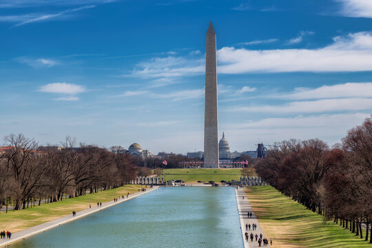 Washington Monument at spring sunny day from new reflecting pool by Lincoln Memorial,  Washington DC, USA.