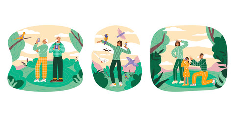 Birdwatching or ornithology flat vector illustration. Woman, family, senior couple have eco-friendly hobby, outdoor activity, local tourism, Recreation leisure hiking, birding