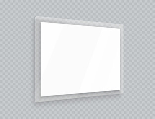Acryl signage frame in perspective, horizontal poster place, realistic mockup isolated hanging on transparent wall. White glass display with nails for picture or photo, angle plexiglass plate.