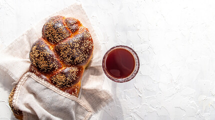 The concept of oriental cuisine. National Israel homemade challah egg bread and sesame, before...