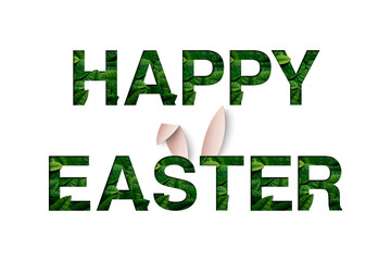Naklejka premium Happy Easter font made of leaves with bunny ears.
