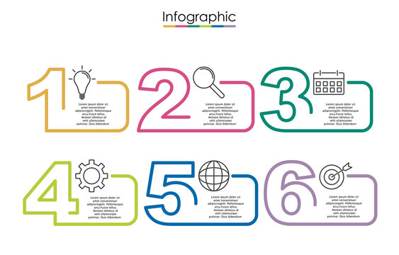 Vector infographic template with six steps or options. Illustration presentation with line elements icons.  Business concept design can be used for web, brochure, diagram, chart or banner layout.