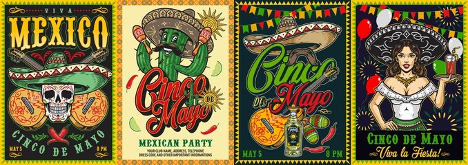 Colorful vintage posters set for Mexican party