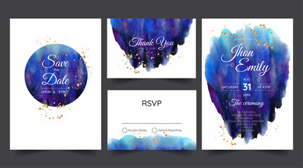 Wedding invitation cards watercolor textures and fake gold splashes for a luxurious touch
