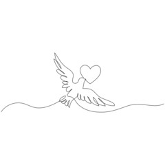 Flying dove with heart symbolizing peace and love. Continuous one line drawing. Minimalistic line art.