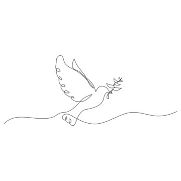 Flying dove with branch symbolizing peace and freedom. Continuous one line drawing. Minimalistic line art.