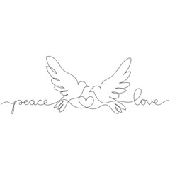 Peace and love - handdrawn lettering with two dove birds and heart. Continuous line drawing. Minimal line art.