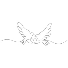 Dove birds in love - continuous line drawing. Minimalistic line art. Spread love concept.