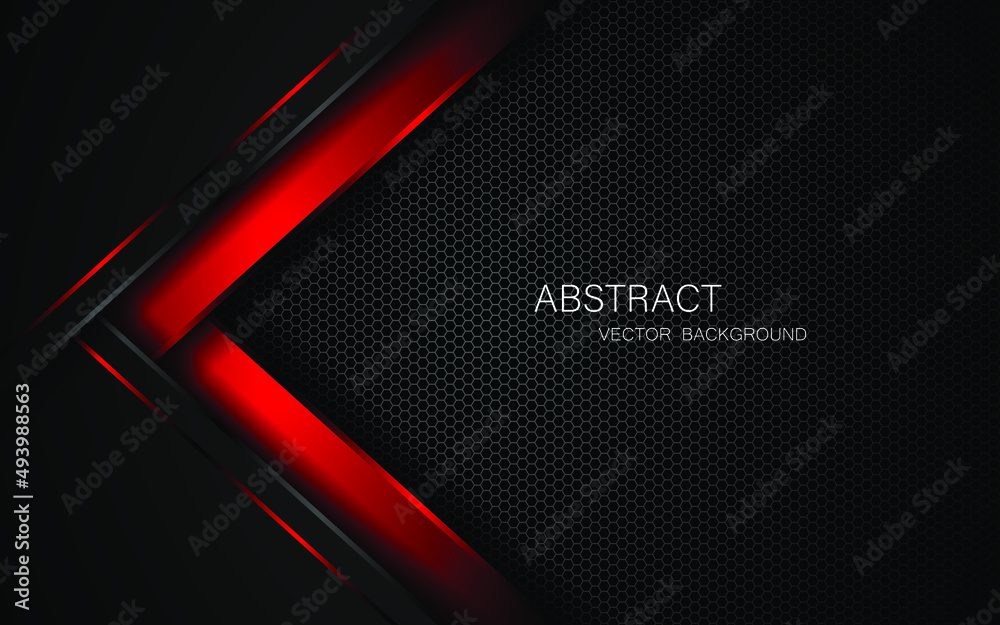Aufkleber Abstract black and red polygons overlapped on dark steel mesh background with free space for design. modern technology innovation concept background	
