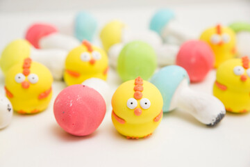 Gingerbread mushrooms Fly agaric. Easter theme. Colored biscuits on white background.