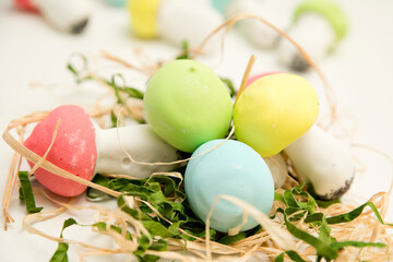 Gingerbread mushrooms Fly agaric. Easter theme. Colored biscuits on white background.