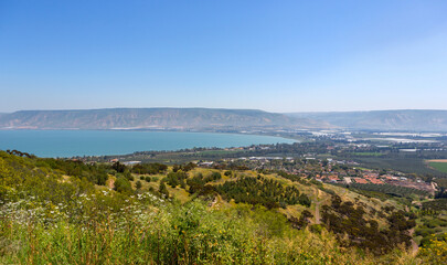 Sea of Galilee (Lake Kinneret) in Israel and Golan Heights in the background