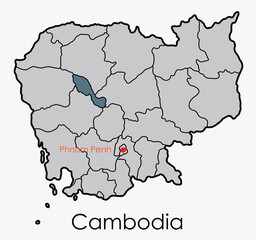 Doodle freehand drawing map of Cambodia.