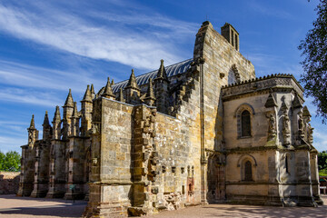Low angle shot of Rosslyn Chapel in Edinburgh, Scotland, UK