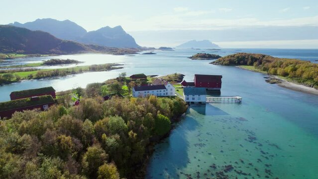 Aerial shot of an old farming village by the sea in Kjerring&oslash;y, Northern Norway