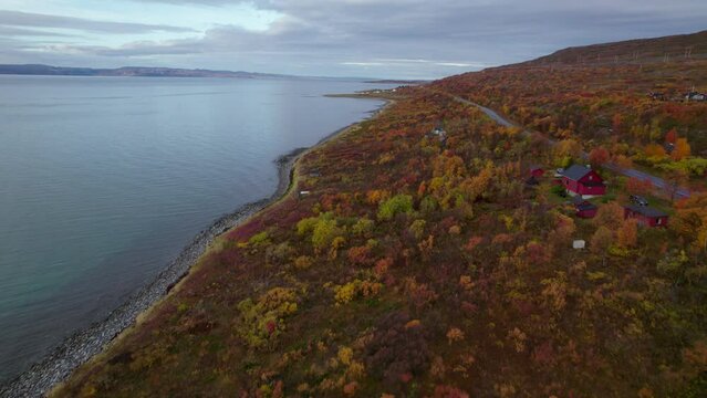 Aerial shot of the seaside in Finnmark, Norway
