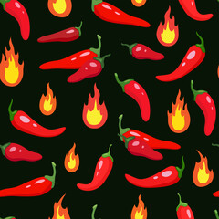 Colorful vector pattern with hot peppers and flame on a dark background.
