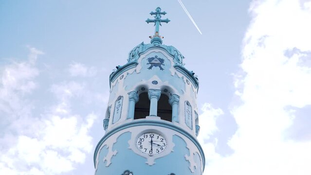 Saint Elisabeth Blue church steeple with clock, Bratislava, Slovakia.