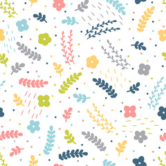 Cute floral seamless pattern with hand drawn elements. Doodle flowers. Scandinavian style. Spring