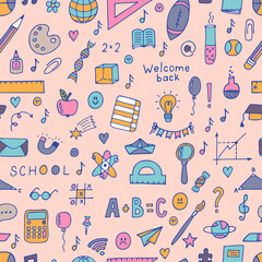 Hand drawn seamless pattern with school elements. Sketch. Welcome back. Back to school background