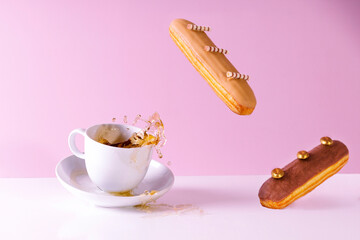 cup of coffee and chocolate eclair. advertising postcard
