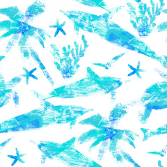 Seamless pattern with linocut prints on the theme of summer travel with turtles and dolphins
