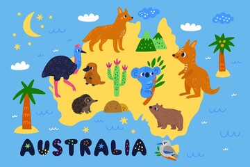 Australian animals map. Exotic cute fauna. Funny platypus and koala. Kids mammal characters. Kangaroo or echidna. Tasmanian devil. Habitat of kookaburra, ostrich and dingo. Vector concept