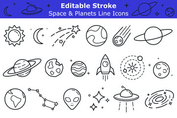 Space and planets line icons set with editable stroke. Astronomy pictograms pack. UFO, sun, rocket, comet simple symbols pack