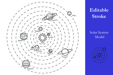 Solar system model line illustration with editable stroke. Vector planets with orbits. Isolated design elements. Names - Garamond font 
