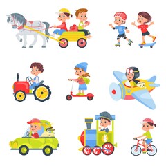 Children drivers. Kids in different transport. Boys and girls driving car or tractor. Horse cart. Young people riding bike and scooter. Persons on plane and train. Vector baby vehicles set
