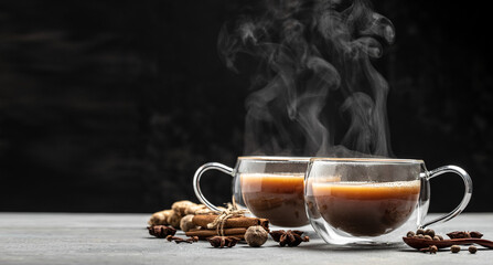 Two mugs of masala tea. Hot indian masala chai tea with milk and spices in a glass glass on dark background. place for text - obrazy, fototapety, plakaty