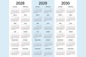 Calendar planner 2028, 2029, 2030, Corporate design planner template. Week Starts on Sunday