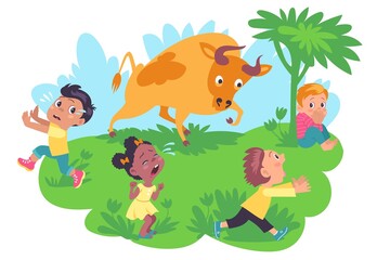Children outdoor fears. Scared kids running away from angry bull. Screaming girls and boys escape from ox. Dangerous animal situation. Frightened people and fearful buffalo. Vector concept