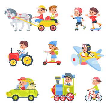 Children drivers. Kids in different transport. Boys and girls driving car or tractor. Horse cart. Young people riding bike and scooter. Persons on plane and train. Vector baby vehicles set