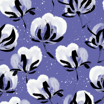 Seamless pattern with delicate cotton flowers veri pery