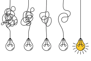 Fotobehang Complex problem solving process. Gradual simplify. Light bulb on tangled electric wire. Clarifying idea. Step by step thought organization. Unravel knots. Messy cables. Vector concept © VectorBum