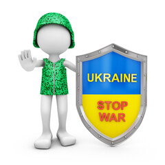 A soldier in a helmet at the shield with the inscription - Ukraine, stop war. 3D rendering.