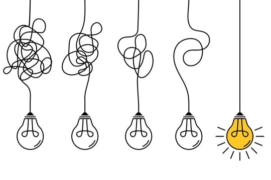 Complex problem solving process. Gradual simplify. Light bulb on tangled electric wire. Clarifying idea. Step by step thought organization. Unravel knots. Messy cables. Vector concept