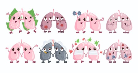 Cute lungs characters. Healthy and damaged human internal organs. Causes and consequences respiratory diseases. Benefits and harms of actions. Vector happy or sick anatomy mascots set