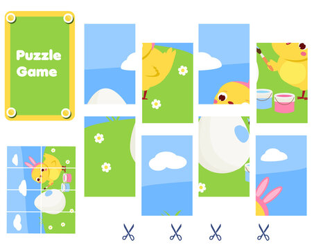 Easter chicken. Educational Puzzle for toddlers. Match pieces and complete the picture. Seasonal Game for children