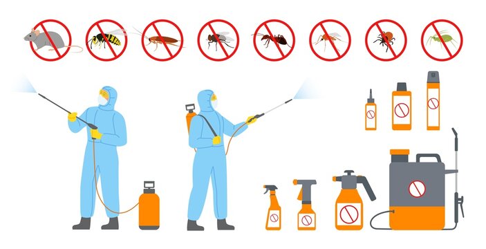 Disinfection service. Pests treatment. Workers in protective uniform sprayed toxin and poison. Disinsection and deratization. Professional equipment. Vector parasites extermination set